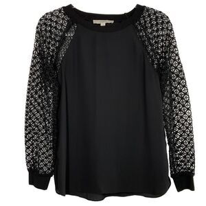 LOFT Black Raglan Crochet Long Sleeve Top XS